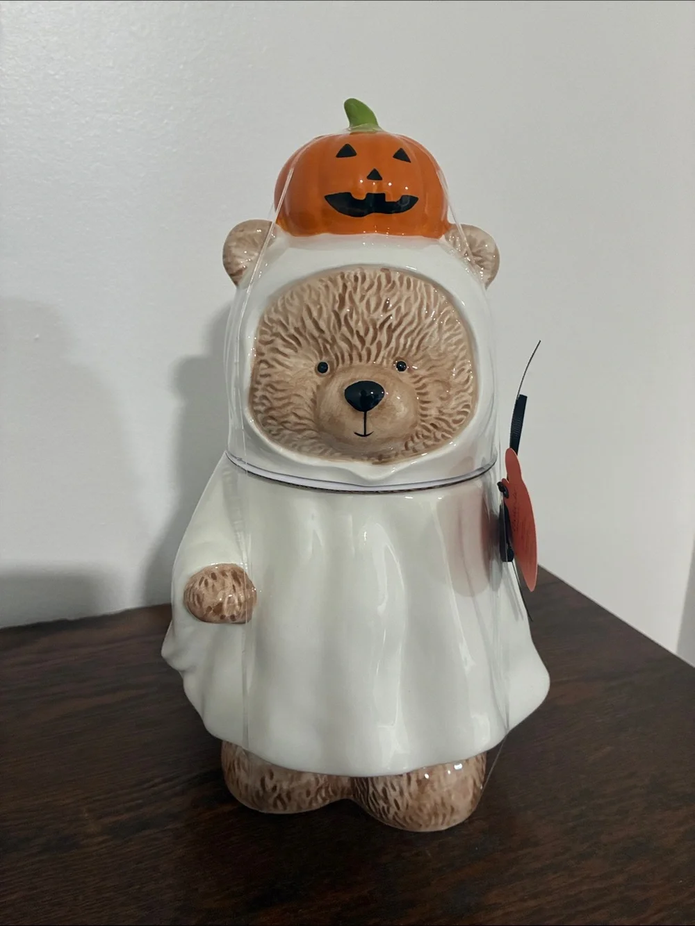 NWT- Halloween Ghost Bear Ceramic Cookie Jar- w/ Jack-o-lantern Pumpkin Handle